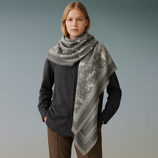 Womens Elegant Floral Stripe Pattern Printed Square Scarf With Fringe Edges Gray