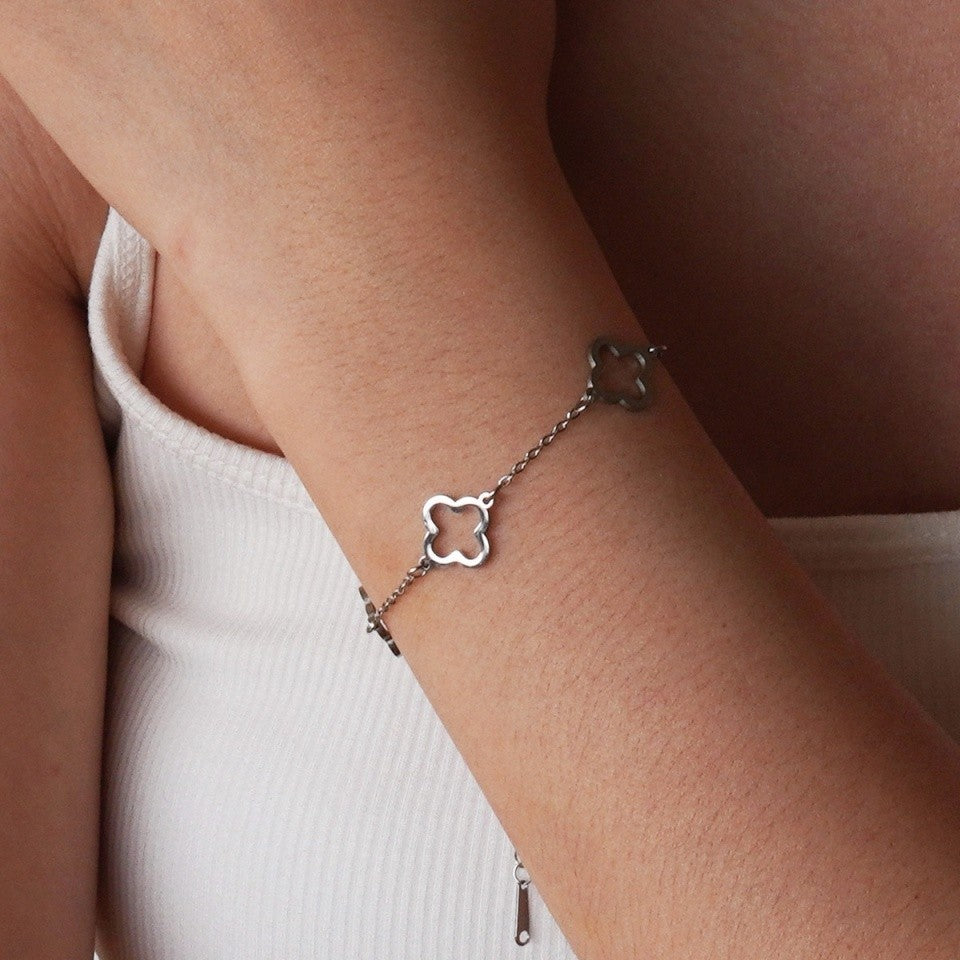 Dainty Four Leaf Clover Bracelet Set - Gold & Silver Tone Adjustable Lucky Charm