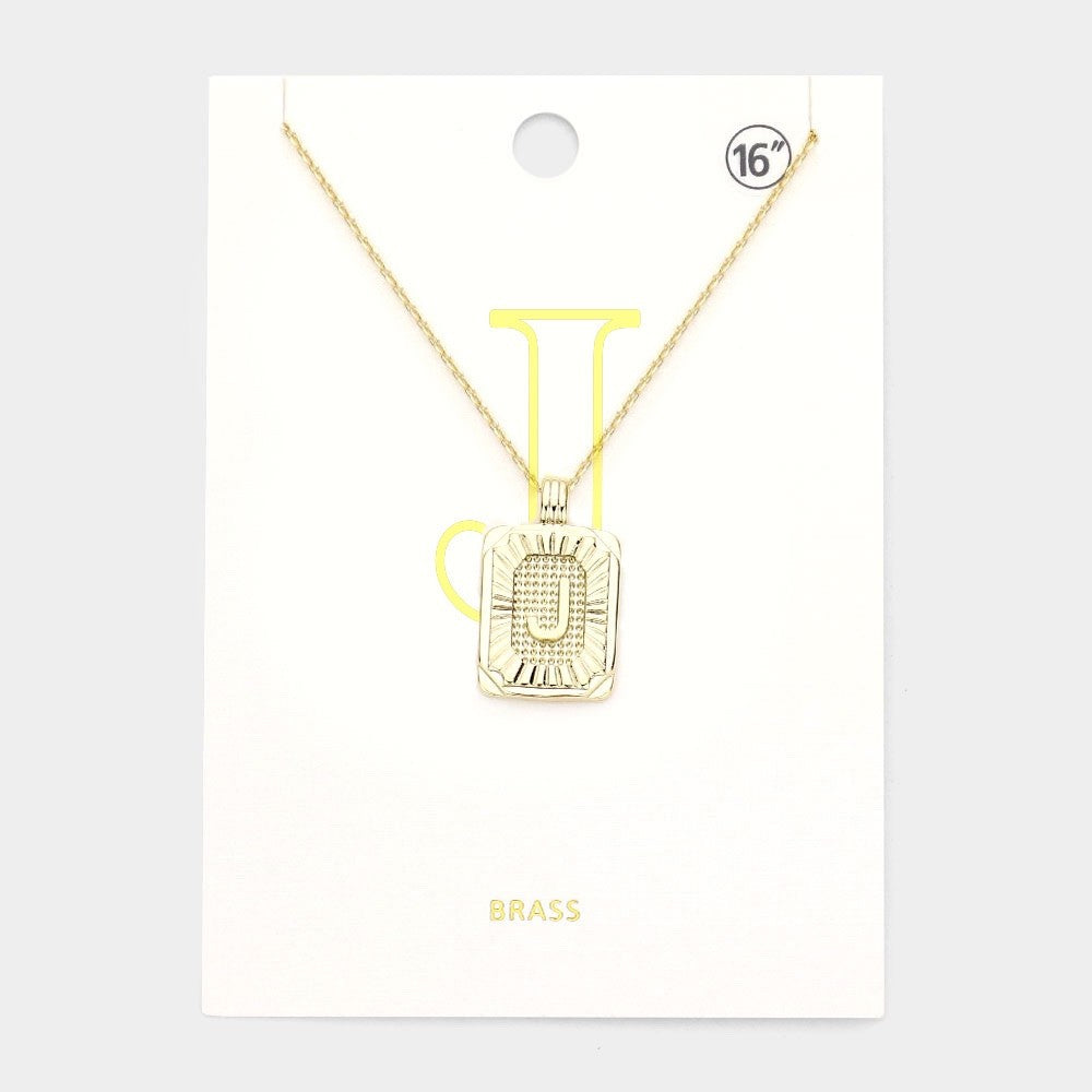Gold Initial "J" Rectangular Sunburst Pendant Necklace - Brass Fashion Jewelry