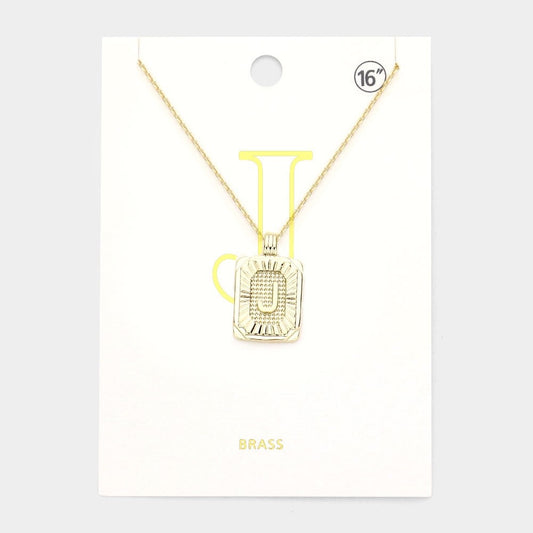 Gold Initial "J" Rectangular Sunburst Pendant Necklace - Brass Fashion Jewelry