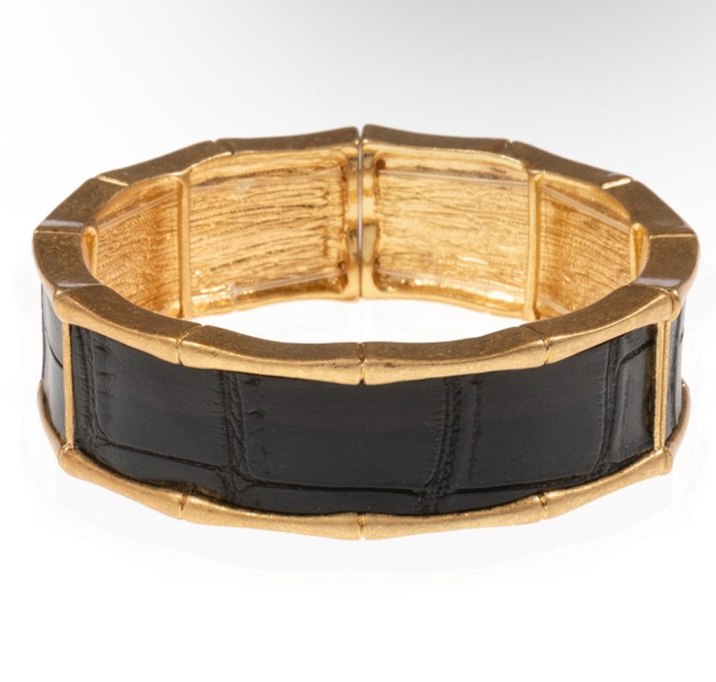 Gold Textured Bamboo Stretch Bangle Bracelet with Black Faux Croc Inlay