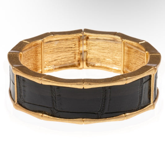 Gold Textured Bamboo Stretch Bangle Bracelet with Black Faux Croc Inlay