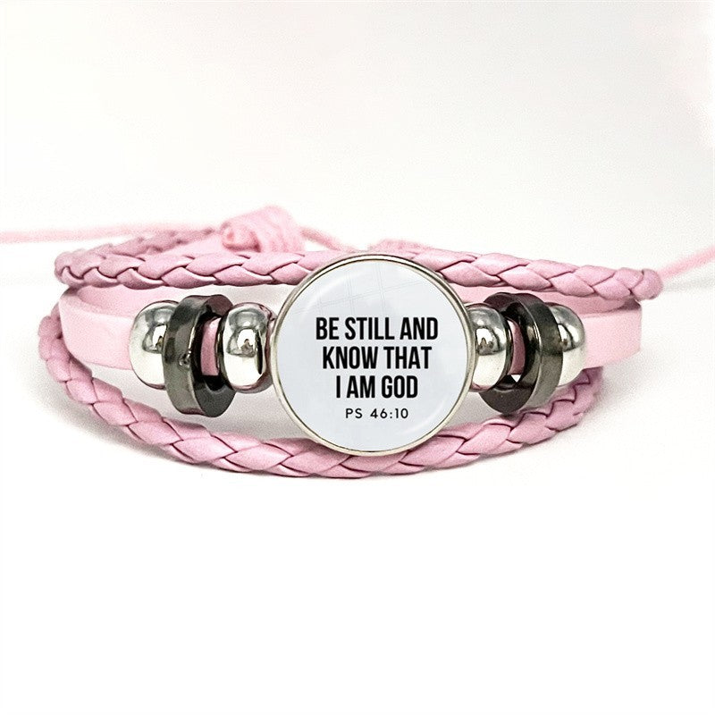 Black & Pink Braided Leather Couple Bracelet Set Psalm 46:10 Be Still Christian