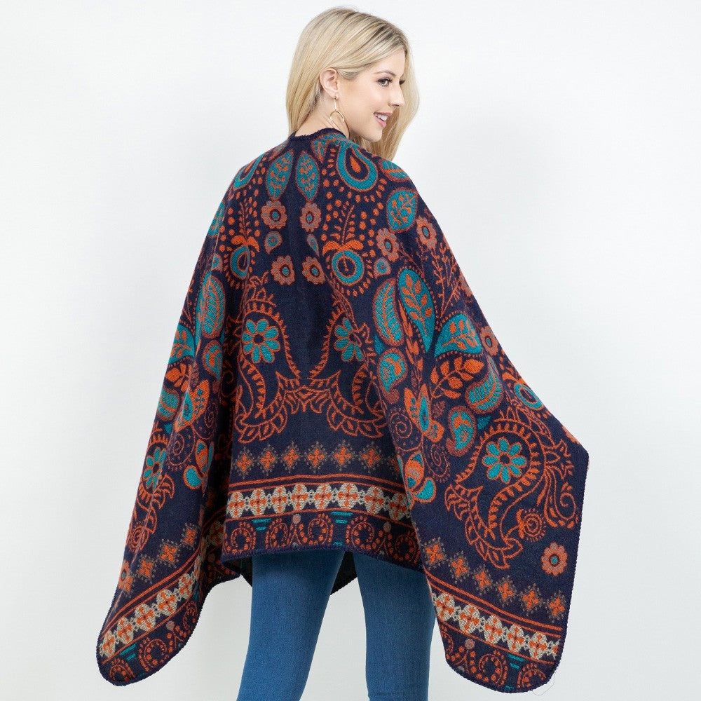 Open Front Boho Floral Paisley Shawl Wrap Poncho with Loop – Navy One Size