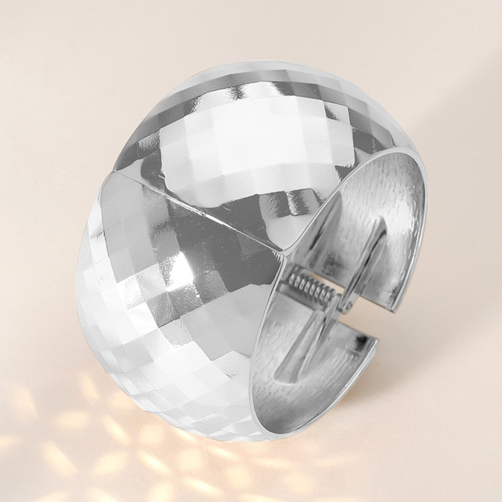 Chunky Silver Textured Metal Wide Hinged Bangle Bracelet Statement Jewelry