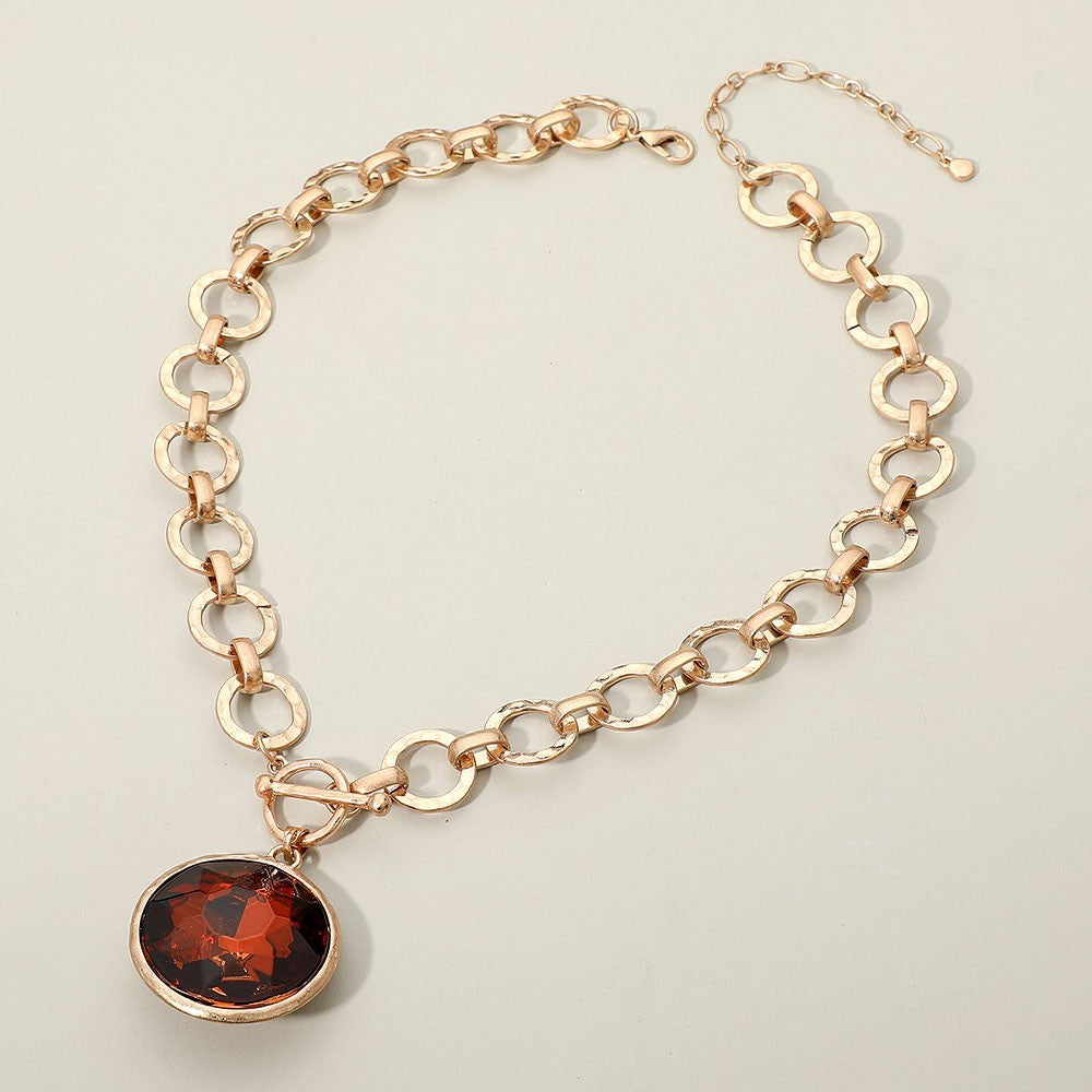 Bold Oval Gemstone Pendant Brushed Metal Chunky Chain Toggle Necklace for Women