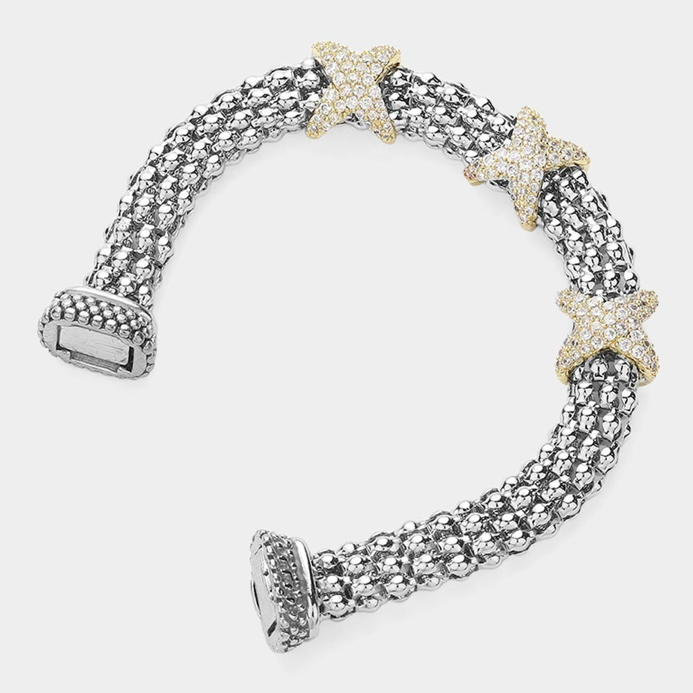 Sterling Silver Gold Dipped CZ Pave X-Knot Popcorn Stretch Magnetic Bracelet