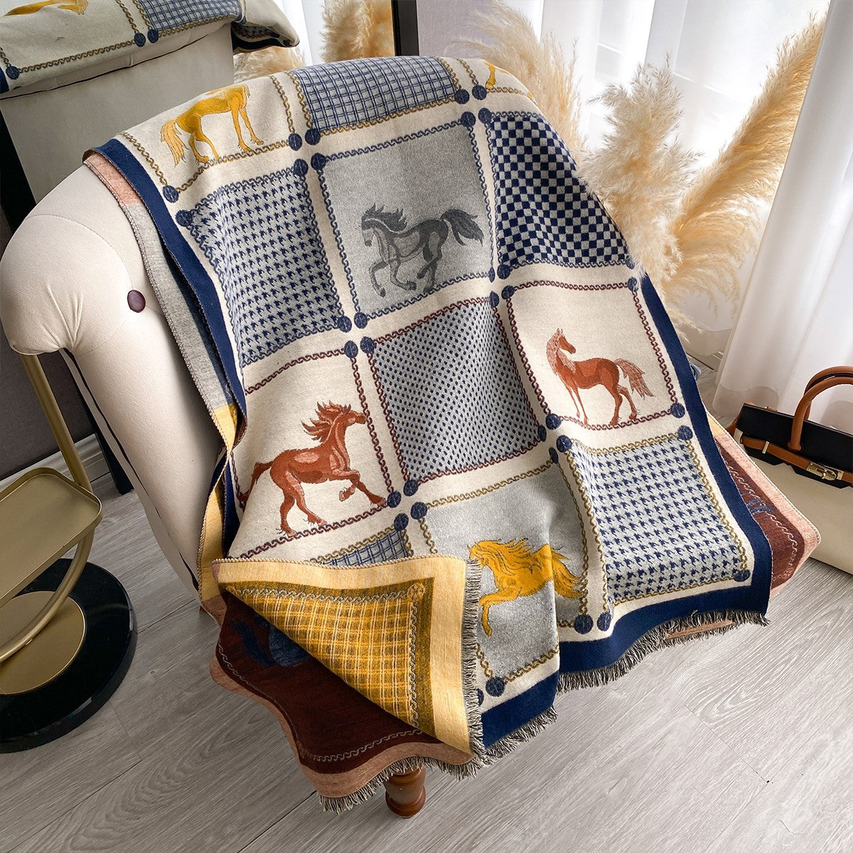 Oversized Equestrian Horse Patchwork Plaid Scarf Shawl Wrap Fringed Fall Winter