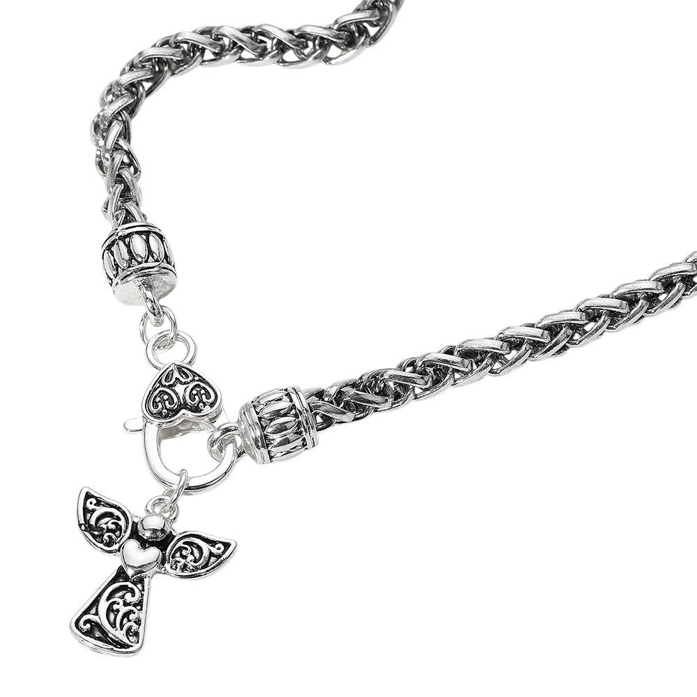 Angel Pendant Necklace Antique Silver Tone Pointed Charm Metal Chain Jewelry