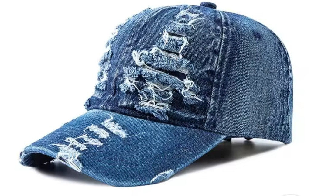 Distressed Ripped Denim Baseball Cap Deep Blue Dad Hat Adjustable Unisex