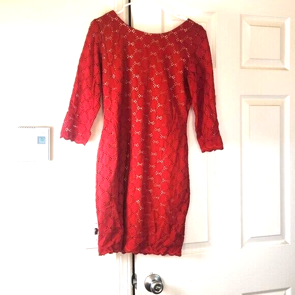 Lace Overlay  Long Sleeved Midi Dress for Women Formal Red Dresses for Ladies 