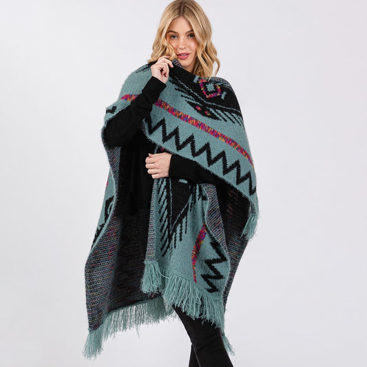 Fuzzy Aztec Pattern Tassel Knit Ruana Poncho Shawl Cape Wrap for Women