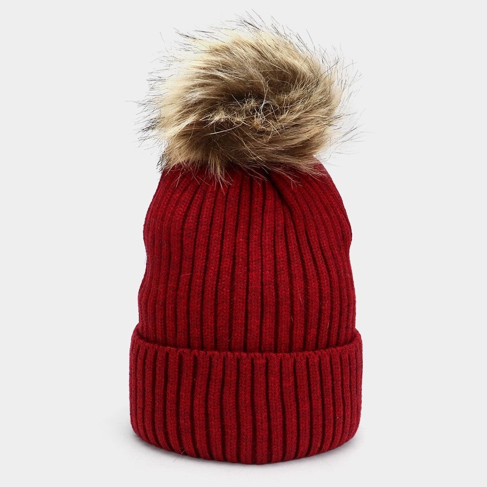 2 Piece Soft Knit Beanie Hat Women's Burgundy 100% Acrylic Faux Pom Pom Accent