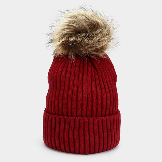 2 Piece Soft Knit Beanie Hat Women's Burgundy 100% Acrylic Faux Pom Pom Accent