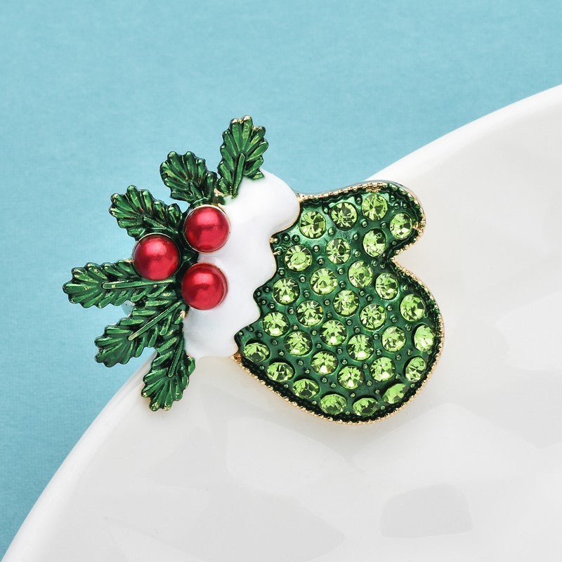 Rhinestone Christmas Mitten Brooch Pin Enamel Green Red Gold Tone Holiday Jewelr