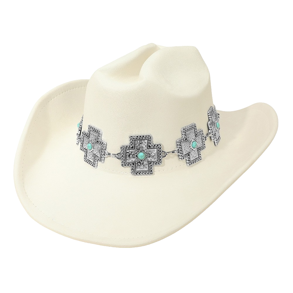 Western Cross Concho Band Turquoise Accent Cowboy Fedora Hat Beige Polyester