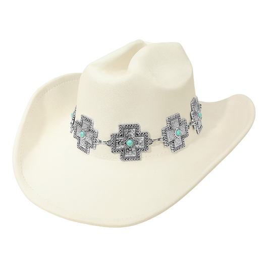 Western Cross Concho Band Turquoise Accent Cowboy Fedora Hat Beige Polyester