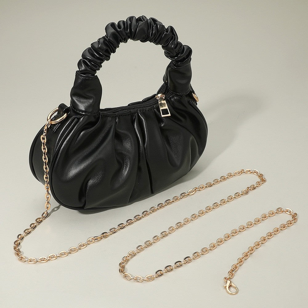 Black Ruched Vegan Leather Handbag with Scrunchie Handle and Gold Chain Link