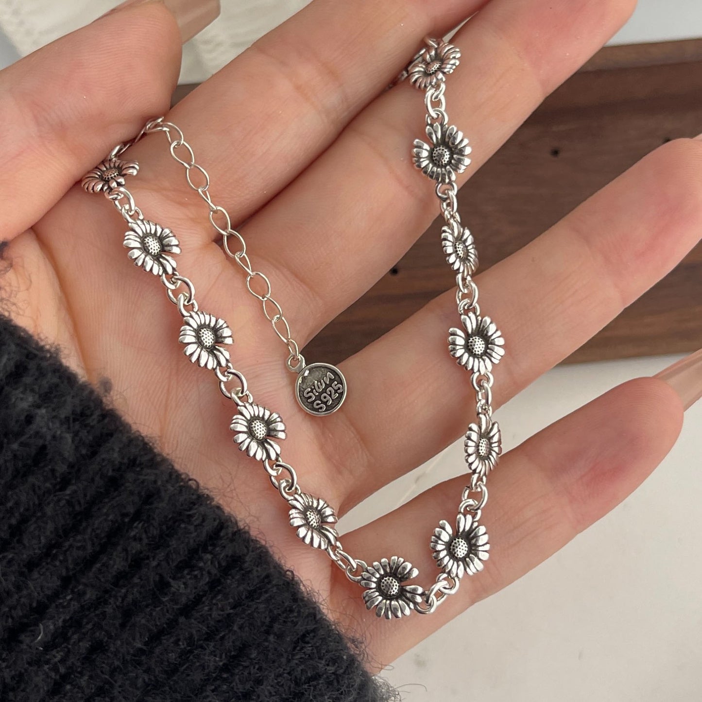 Sterling Silver Daisy Charm Bracelet S925 Women's Floral Dainty Jewelry Gift