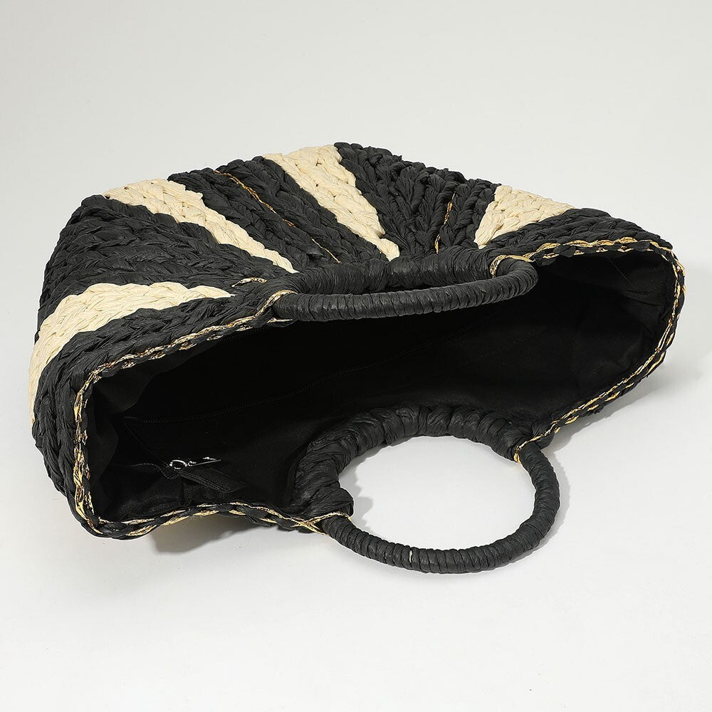 Black and Beige Woven Raffia Tote Bag for Women Round Handle Straw Handbag