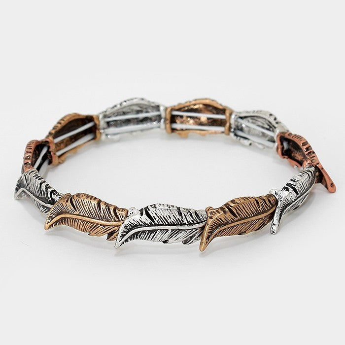 2pc Western Feather Stretch Bracelet Set Mixed Metal Silver Copper Boho 0.4"