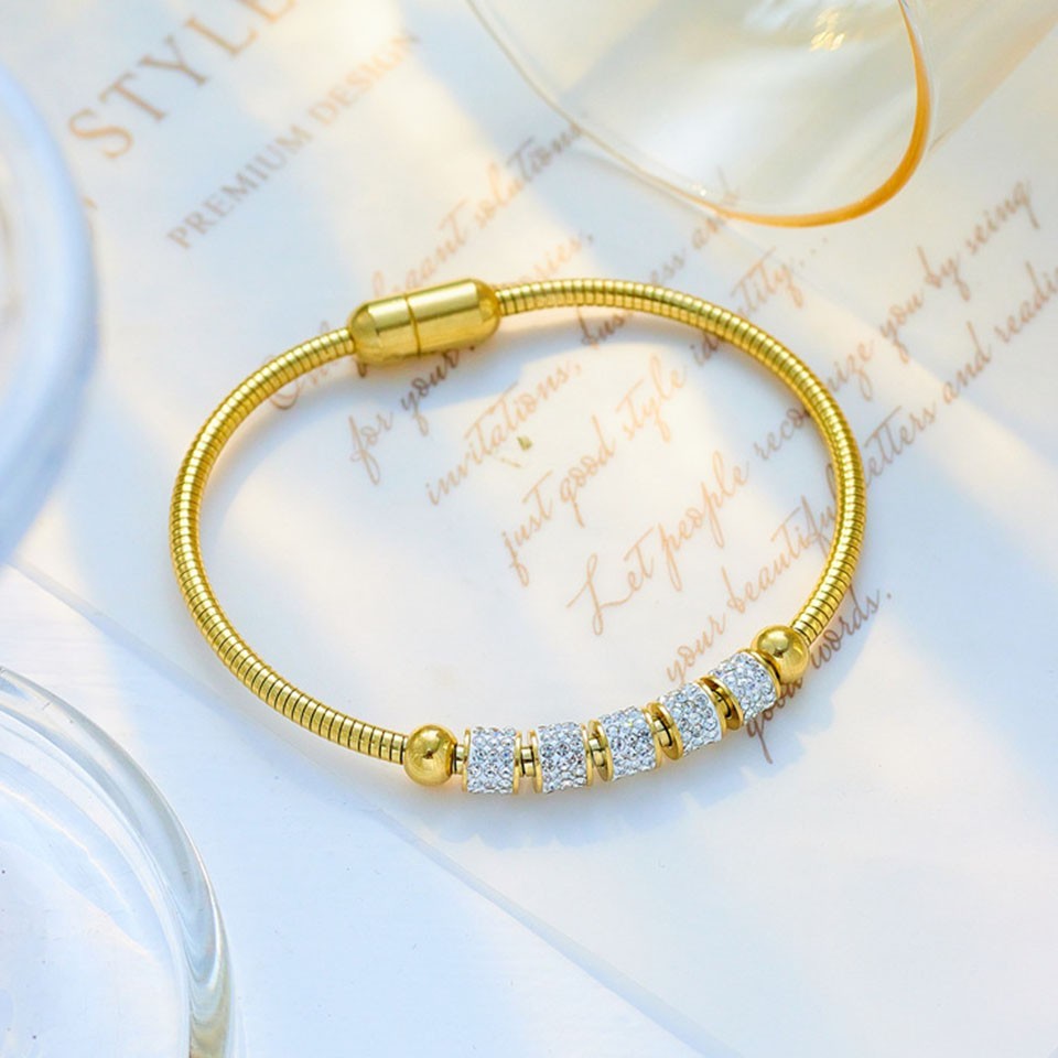 Gold Bracelet Cubic Zirconia Stones Elegant Slip-On Charm Jewelry for Women