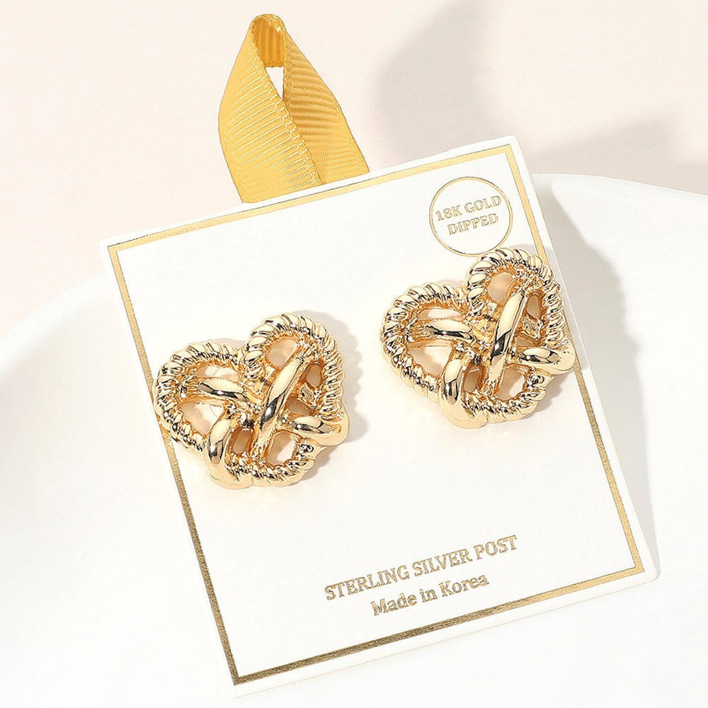 Women's 18K Gold Dipped Twisted Knot Heart Stud Earrings w/ Sterling Silver Post