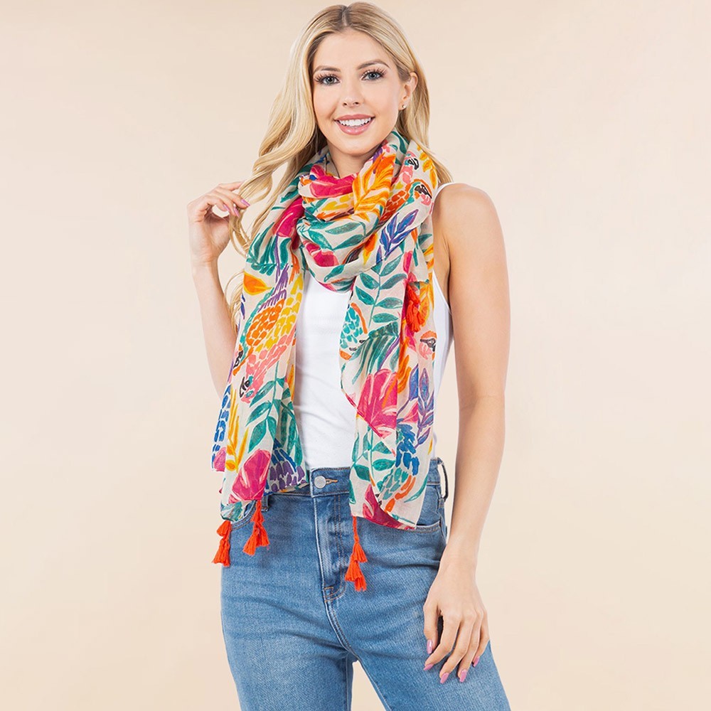 Lightweight Tropical Leaf Floral Tassel Scarf Vibrant Summer Wrap for Women