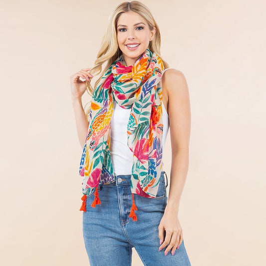 Lightweight Tropical Leaf Floral Tassel Scarf Vibrant Summer Wrap for Women