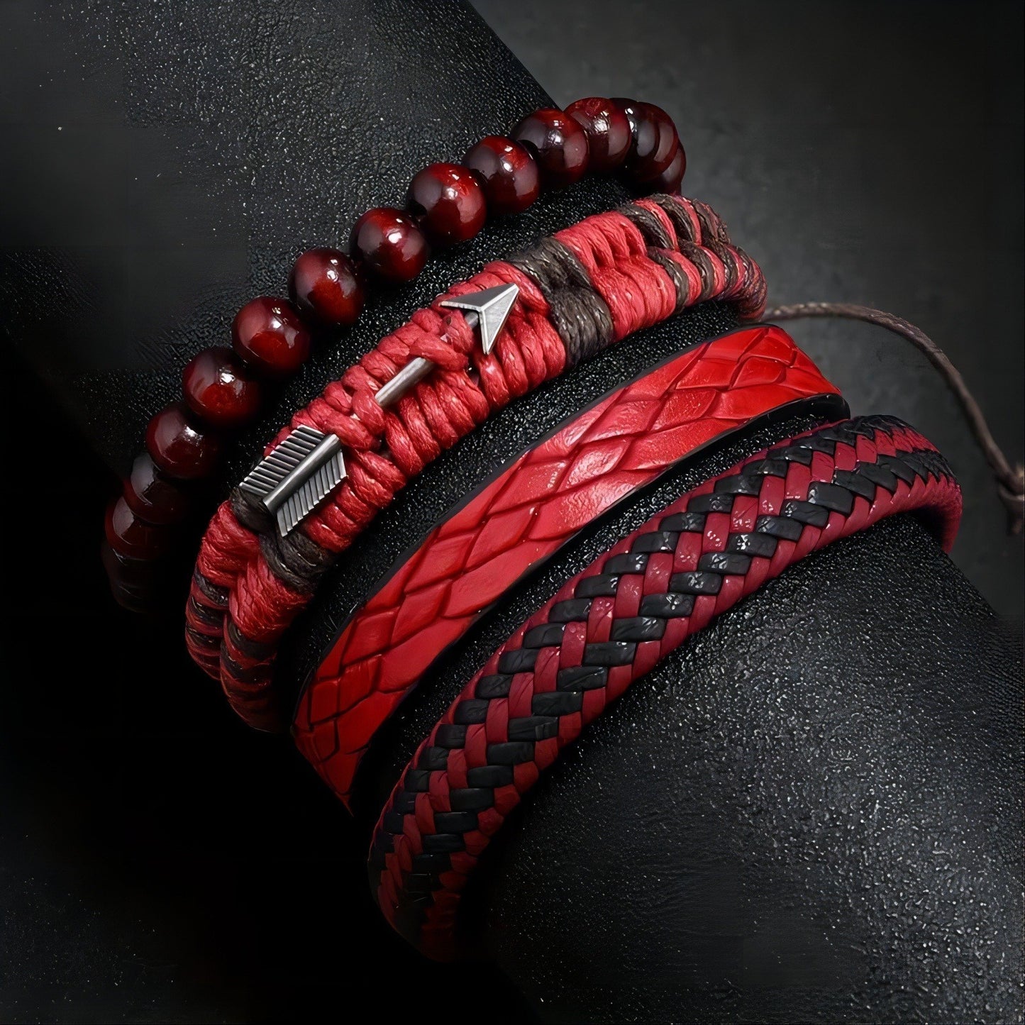 Red & Black Stacked Arrow Leather Bead Men's Bracelet Set - Adjustable Braided S