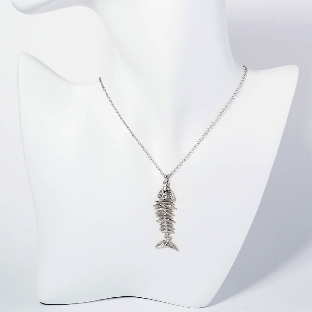 Crystal Pave Fishbone Pendant Necklace Dainty Cute Chain Jewelry for Women