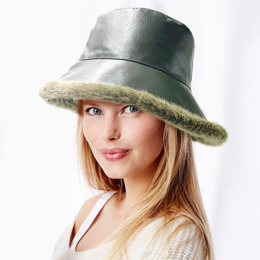 Faux Leather Bucket Hat Women Reversible Faux Fur Trim Quilted Winter Cap Green