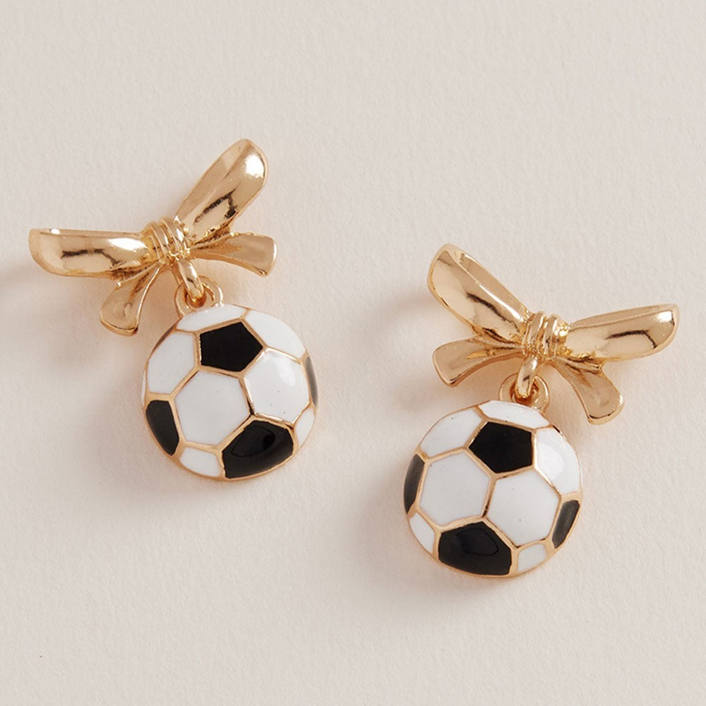 Bow Sports Soccer Black &white Hypoallergenic Glitter Soccer Dangle Drop Earring