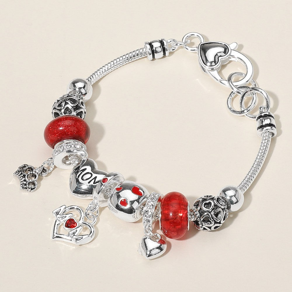 MOM Message Dangle Crown Heart Charm Ball Beaded Bracelet with Lobster Clasp