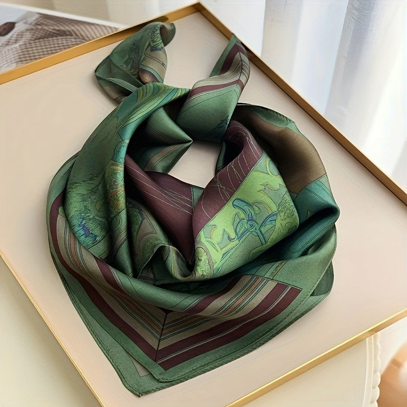 Silky Satin Equestrian Scarf Green Burgundy Horse Print Square Fashion Women