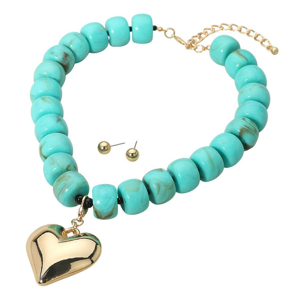 Turquoise Beaded Necklace Set Gold Heart Pendant Stud Earrings Statement Jewelry