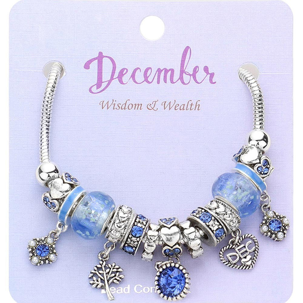 December Birthstone Charm Bracelet|  Blue Beaded Silver Tone Jewelry for Women