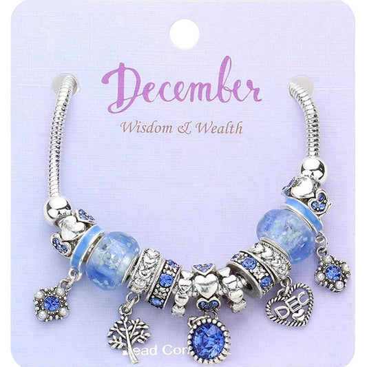 December Birthstone Charm Bracelet|  Blue Beaded Silver Tone Jewelry for Women