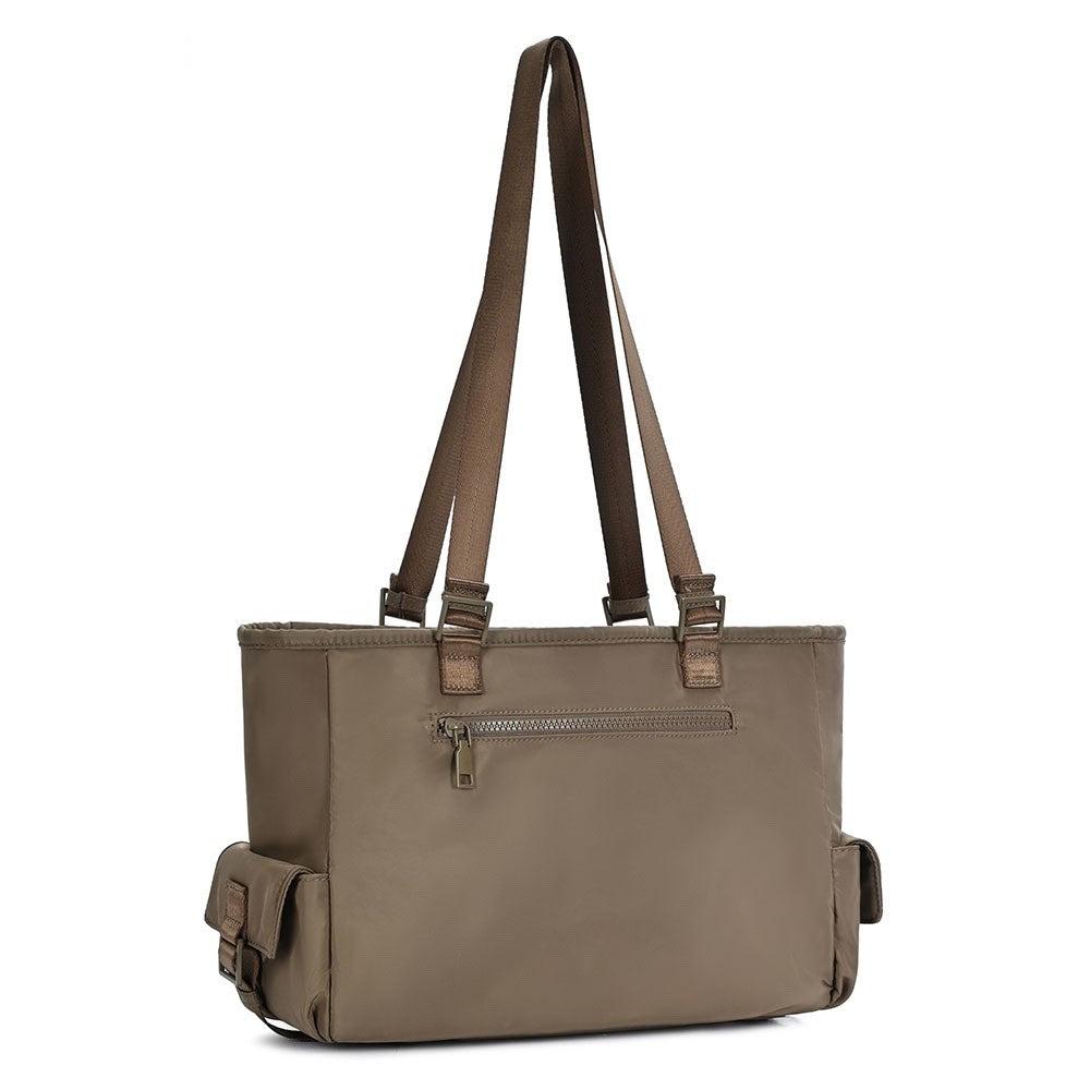 Multi Pocket Utility Tote Bag Taupe Nylon Shoulder Handbag for Travel & Work