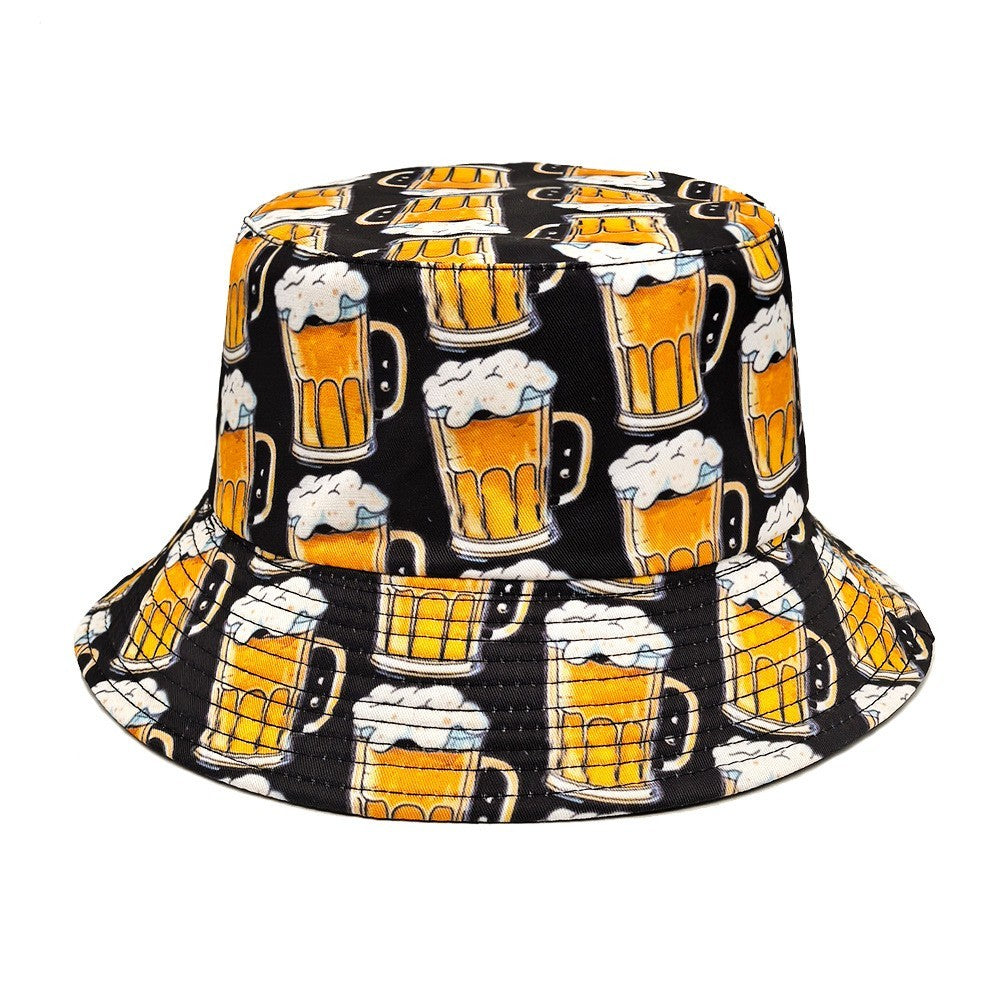 2PCs Reversible Beer Mug Print Bucket Hat Gift Set for Men Women Party
