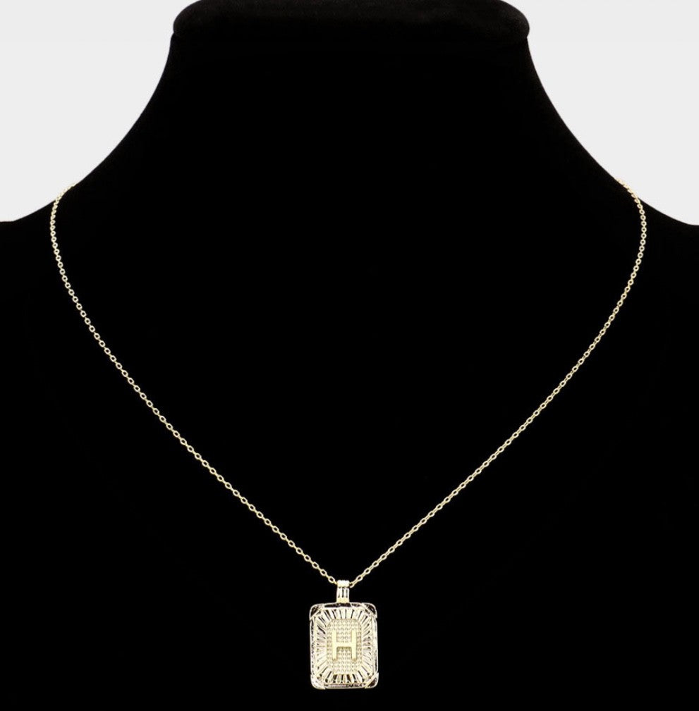 Gold Initial "H" Rectangular Sunburst Pendant Necklace - Brass Fashion Jewelry