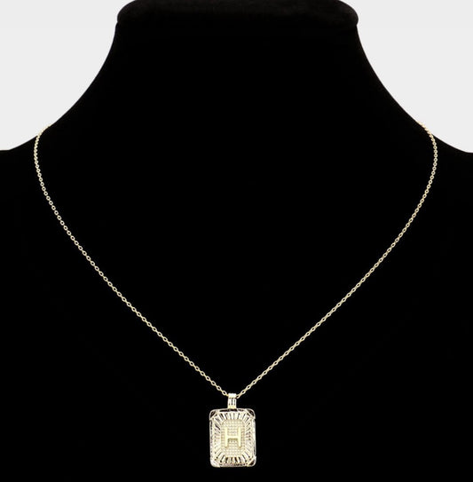 Gold Initial "H" Rectangular Sunburst Pendant Necklace - Brass Fashion Jewelry