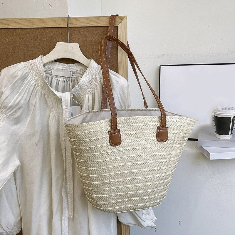 Women’s Large Capacity Paper  Woven Shoulder Bag Summer Basket Handbag Beige
