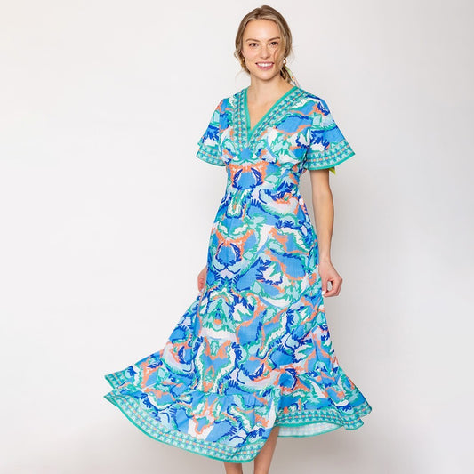 Painted Petals Goddess Maxi Dress Floral  Art V-Neck Sleeveless Dress Large