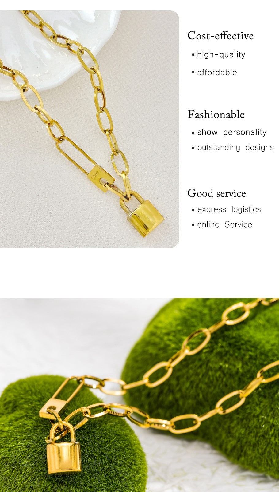 Chunky Oval Link Chain Padlock Necklace Gold Plated Stainless Steel Safety Pin
