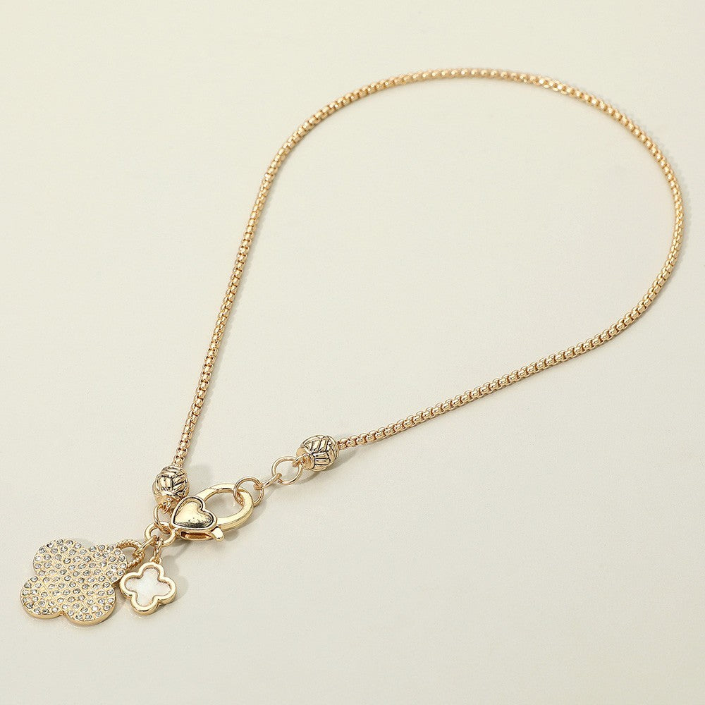 Gold Charm Necklace Heart Clasp Rhinestone Clover Enamel Pendant Gift Jewelry