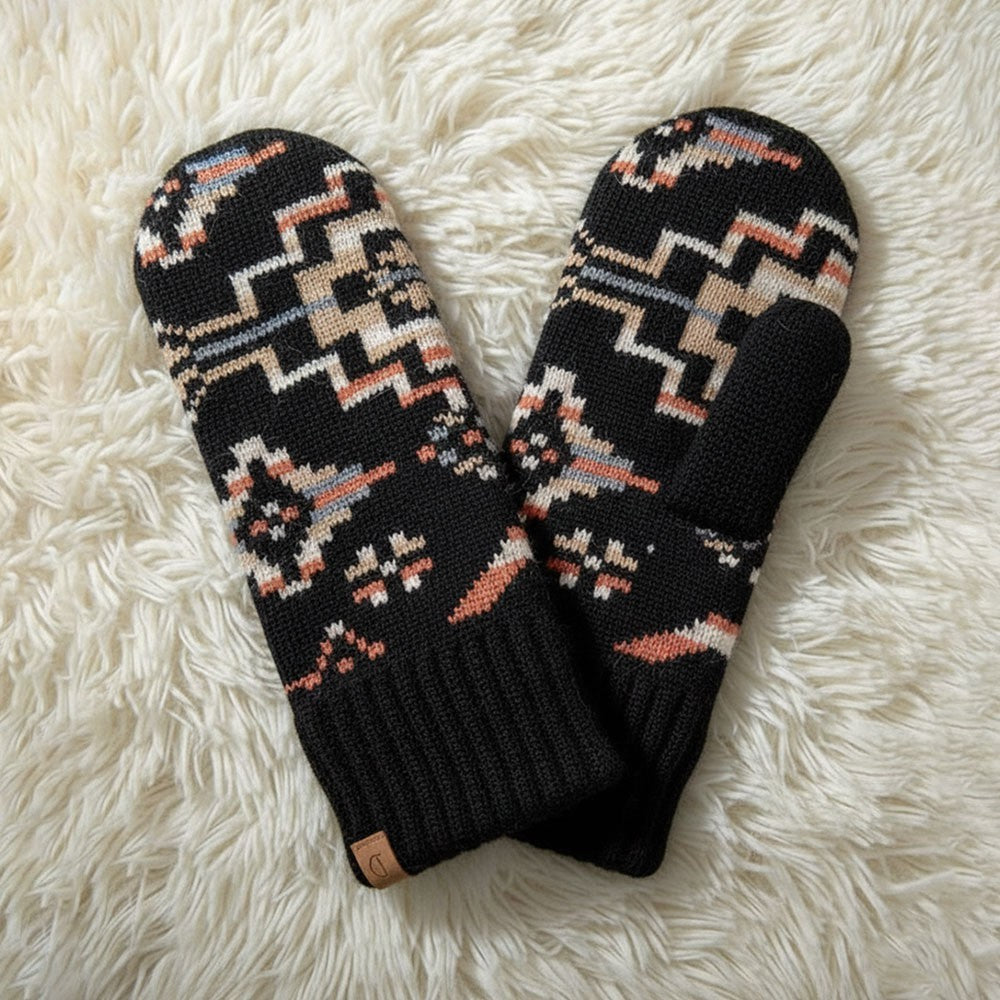 Women's One Size Ribbed Cuff Aztec Patterned Knit Warm Winter Mittens Black