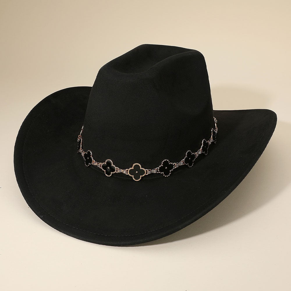 Vera NY Quatrefoil Link Chain Band Accent Cowboy Fedora Hat Black 100% Polyester
