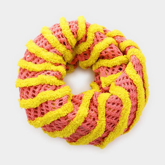 Bright Pink Yellow Stripe Crochet Infinity Scarf Snood Bohemian Knit Cowl Loop
