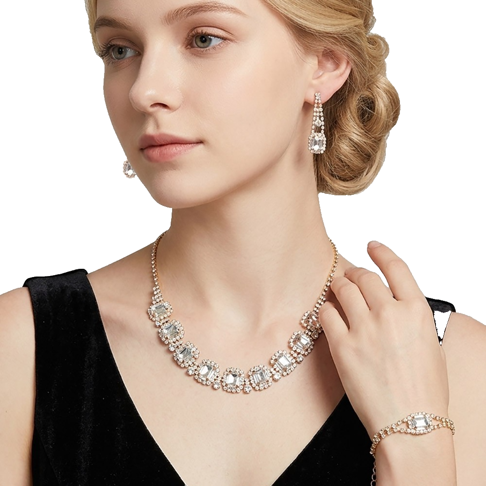 3pcs Crystal Rhinestone Jewelry Set Formal Necklace Earrings Bracelet Gold Tone